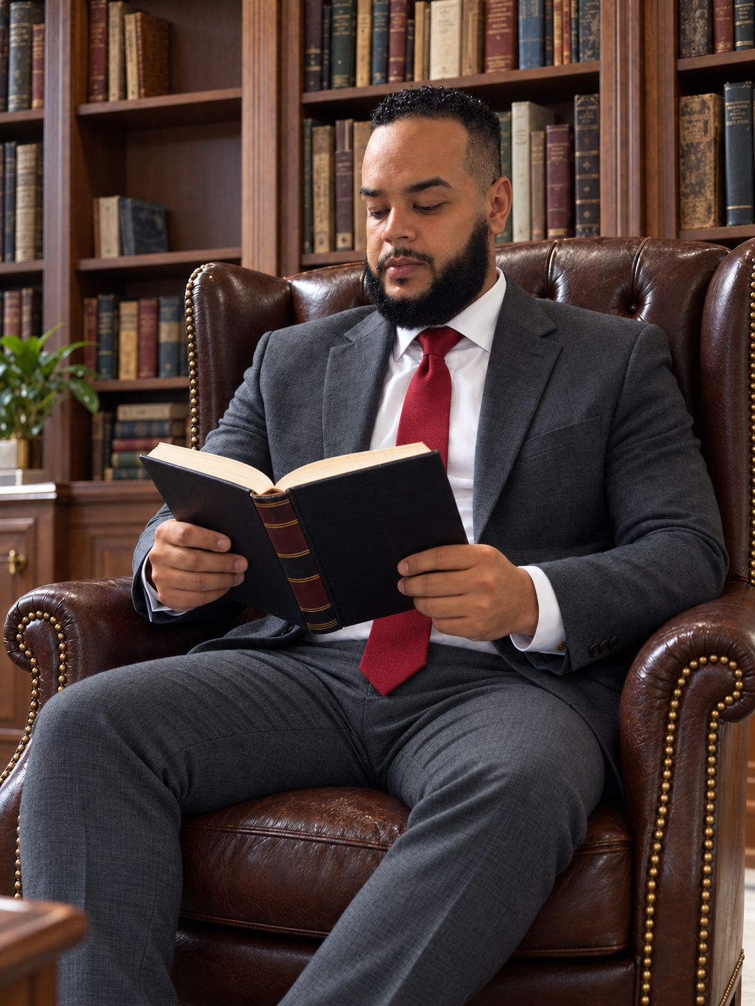 Henry Domínguez leyendo un libro en su despacho